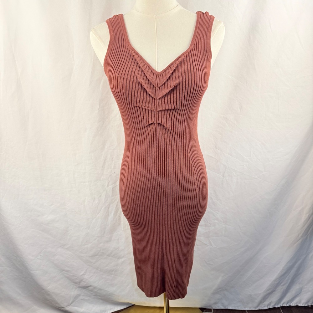 NEW Rihoas Brown Ribbed Ruched Bodycon Form Fitting Casual Midi Dress‎ Small NWT